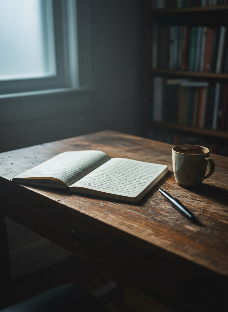 A weathered wooden writing desk stands alone in a dim, book-lined study, its grain rich with amber and charcoal tones. An open, cream-colored notebook filled with dense handwritten lines rests beside a heavy, matte-black fountain pen and a chipped ceramic mug stained by years of coffee. Soft, cool northern evening light filters through a frosted window, catching dust motes and creating a luminous haze above the desk. Shadows pool in the corners, lending a contemplative, almost sacred stillness. Photographic realism, shot at eye level with a shallow depth of field, keeps the notebook in razor-sharp focus while shelves of blurred, colorful spines melt into the background, emphasizing solitude, craft, and the quiet intensity of writing.