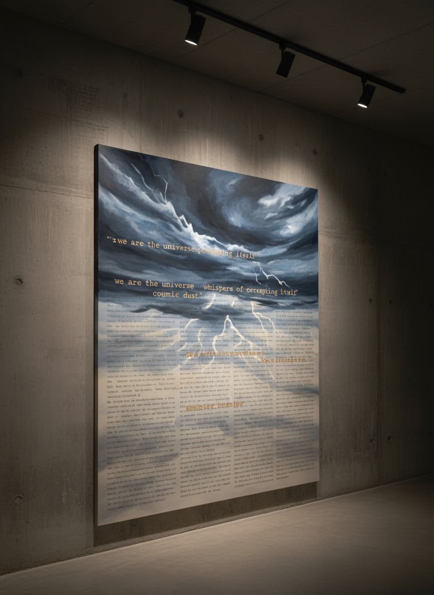 Inside a dim, minimalist gallery space, a single large canvas leans against a concrete wall, captured in photographic realism. The painting is an abstract fusion of text and imagery: ghostly, overlapping paragraphs in faint typewriter gray emerge beneath translucent layers of oil paint depicting a storm-swept prairie sky. Scratches of white paint cut through deep indigo clouds, while fragments of legible phrases—"we are the universe perceiving itself"—glow subtly in warm sepia. Overhead track lighting casts focused, warm beams onto the canvas, leaving the surrounding walls in cool shadow. Shot from a slightly low, three-quarter angle, the composition emphasizes the height and presence of the artwork, evoking a sophisticated, introspective atmosphere where literature and visual art coexist in a single, enigmatic piece.