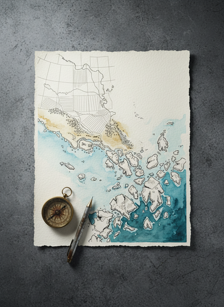 On a heavy, slate-gray tabletop, a single sheet of thick, deckle-edged paper lies centered, bearing a minimalist, hand-drawn map of the northern Canadian prairies transitioning into a fragmented, otherworldly coastline. Fine black ink lines fade into watercolor washes of icy blue, muted ochre, and deep, inky teal, suggesting a journey from familiar fields to the end of the world and beyond. A small, antique brass compass and a stubby, well-used mechanical pencil rest near the lower edge. Cool, soft directional light from the upper right creates delicate highlights along the textured paper and subtle shadows under the objects. The photograph is composed with generous negative space and a shallow depth of field, creating a contemplative, sophisticated mood that implies narrative exploration.