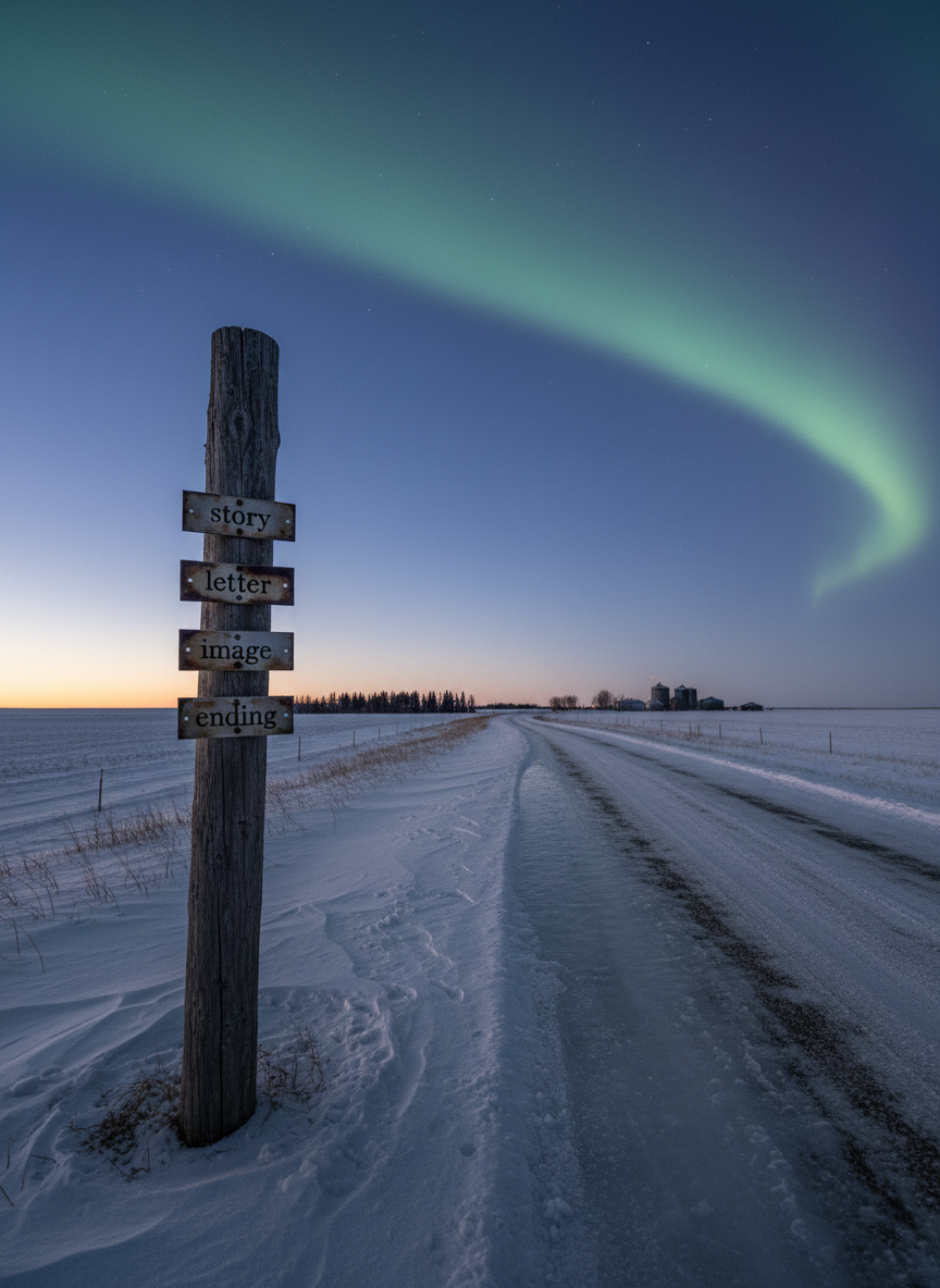 A sprawling, snow-dusted prairie under a vast, twilight sky stretches to the horizon, captured in photographic realism. In the foreground, a solitary, rough-hewn wooden signpost bears small metal plaques engraved with single words—"story," "letter," "image," and "ending"—each weathered and slightly tarnished. Indigo and violet hues wash over distant grain silos and low, shadowy tree lines. A pale aurora begins to shimmer faintly overhead, its light reflecting in a thin layer of ice along a gravel road that snakes away. The low-angle, wide-lens composition emphasizes scale and isolation, while the cold, clean atmosphere feels both stark and quietly mystical, echoing northern Canadian narratives that reach toward the end of the world and beyond.