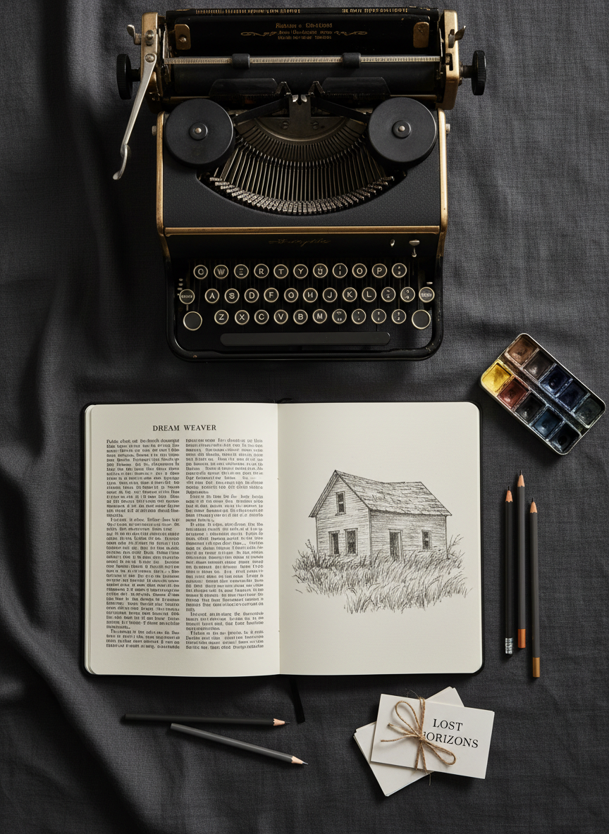 A meticulously arranged flat lay of creative tools occupies a dark charcoal linen backdrop in photographic realism. A vintage, brass-trimmed typewriter with matte black keys anchors the upper edge, while a sketchbook lies open below, displaying one page of tight, typed text and the facing page filled with a detailed graphite illustration of a crumbling prairie farmhouse. Scattered around are sharpened charcoal sticks, muted gouache pans, and neatly stacked index cards labeled with short, enigmatic titles. Soft, diffused overcast light from the left creates gentle gradients on the metal surfaces and deep, velvety shadows in the fabric folds. Shot from a bird’s-eye view, the composition is balanced but slightly asymmetrical, evoking a sophisticated, disciplined workspace where writing and visual art merge seamlessly.