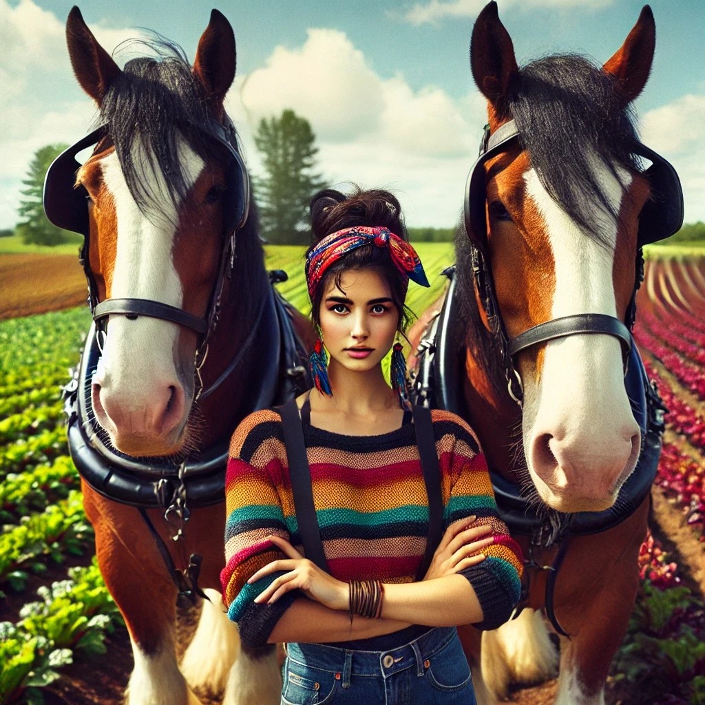Rhys of Beetsville stands with easy authority between two massive bay Clydesdale horses — Ginsberg on the left, Burroughs on the right — in a cultivated field of beets and flowers. Both horses are harnessed and face forward, completely unbothered, as if standing between them is simply where she belongs. Rhys is a young woman with dark hair pinned up loosely under a bright patterned headband, wearing a boldly striped multicoloured knit sweater, suspenders, and jeans, with feather earrings and stacked bracelets. Her arms are crossed and her gaze is level, direct, and entirely unimpressed. Long crop rows stretch to the treeline behind them under a wide prairie sky.