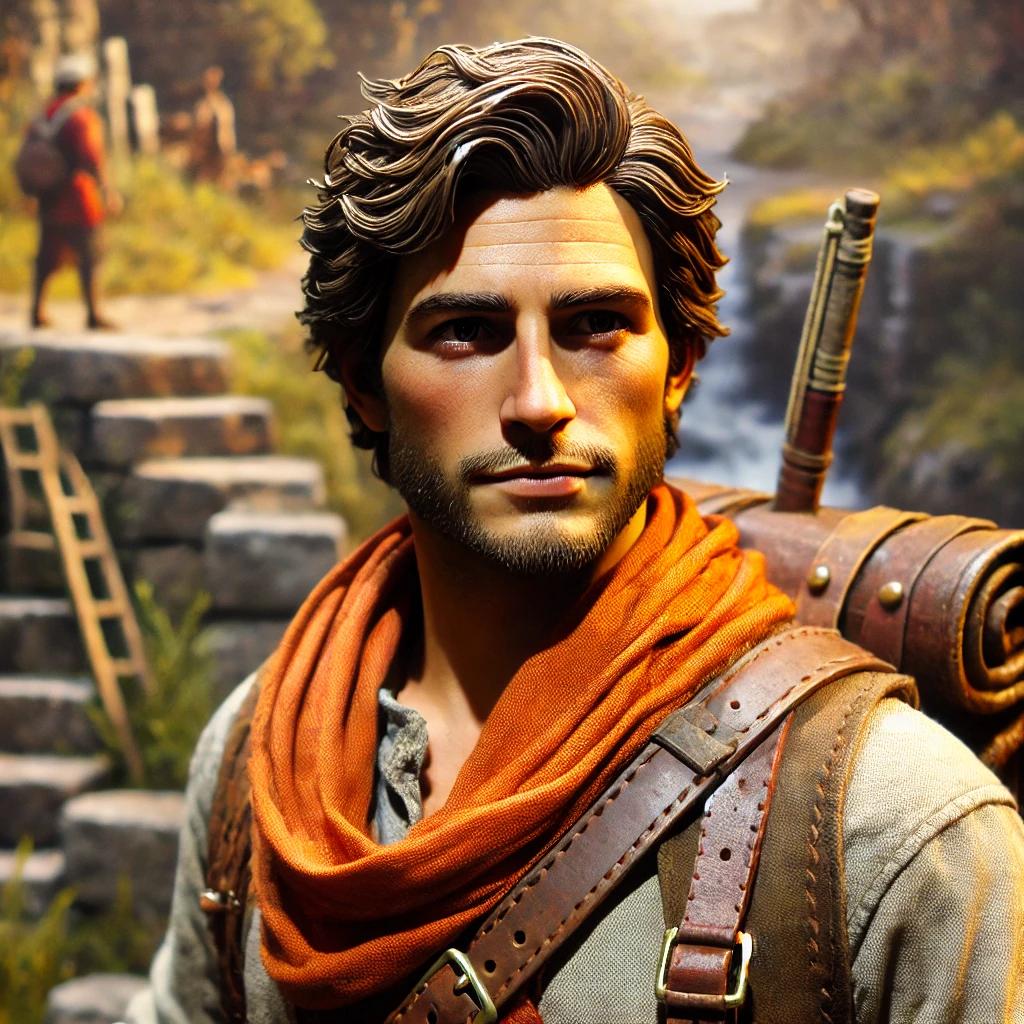 Bartholomew, scavenger and guide of Berbia, stands in confident half-profile against a backdrop of ancient stone ruins reclaimed by forest. He is a lean, handsome man with swept brown hair and a short beard, wearing a grey linen shirt under a canvas explorer's jacket with leather harness straps crossing his chest. A vivid orange scarf — the mark of a Berbian scavenger, worn so they can be seen and recognized as friendly in the dangerous ruins beyond Jonno's Gate — is wrapped loosely at his throat. No one passes through Jonno's Gate without a sash. Over his shoulder rises the rolled bulk of his expedition pack, with a carved staff handle visible above it. In the soft-focus background, crumbling stone steps and lush greenery suggest the ruins, with the figures of others visible in the distance.