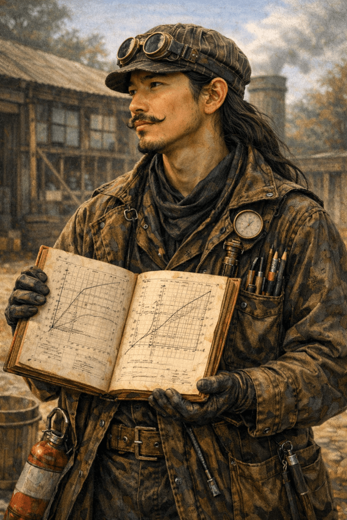 A young man with long dark hair, a thin moustache, and steam-punk goggles pushed up on a flat cap stands outdoors in a weathered industrial yard. He wears a heavily worn brown work jacket with a pocket full of pencils and a pressure gauge mounted on the chest. Thick leather gloves cover his hands, which hold an open notebook filled with hand-drawn technical graphs and charts. A small fire extinguisher hangs at his hip. Behind him, a wooden building and a smokestack rise against a partly cloudy sky.