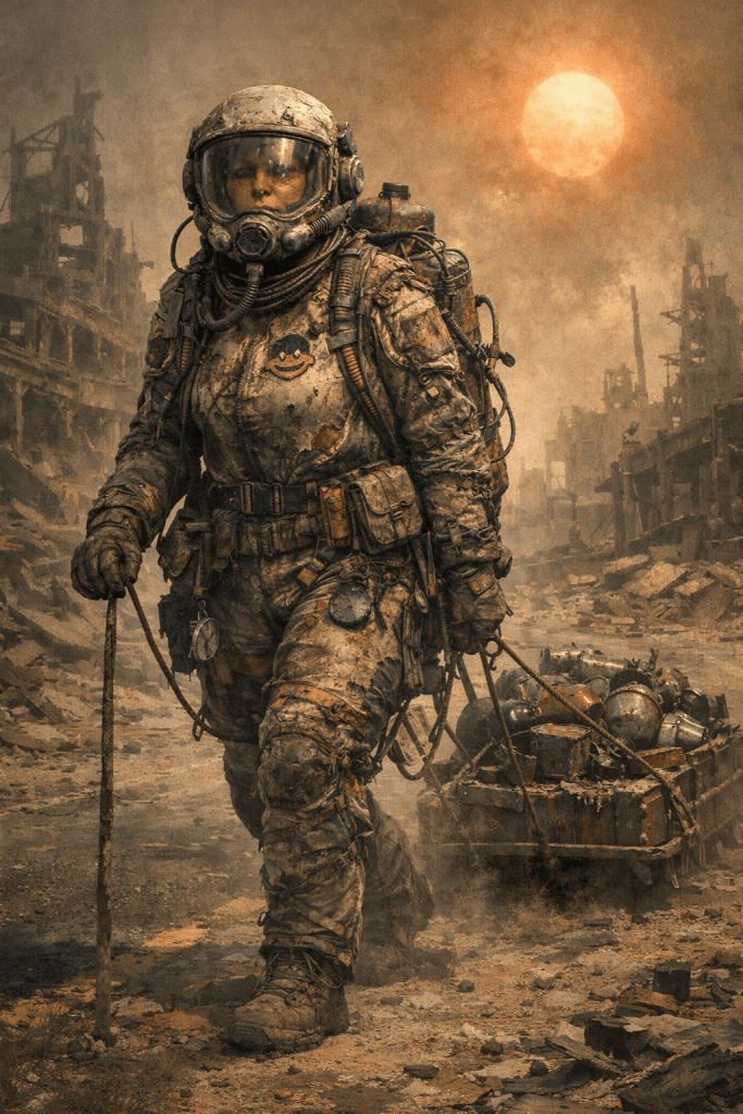 Primo Merril the Swift, seventh Chief Archivist of the Keep, strides through a vast scorched ruin under a haze-dimmed orange sun. She wears the SWEATBOX — a defunct hazmat suit encrusted with decades of grime, repairs, patches and ritual wear, its once-white surface now the colour of rust and dust. A small yellow smiley face patch is visible on the chest. A cracked helmet with a scratched visor covers her face, tubes and hoses trailing from it to a backpack bristling with salvaged equipment, gauges and cables. In one gloved hand she grips a metal staff; behind her she drags a loaded wooden sled piled with salvaged relics from the Before. The ruined city stretches in every direction — collapsed buildings, twisted metal, broken concrete — under a sky thick with amber haze.