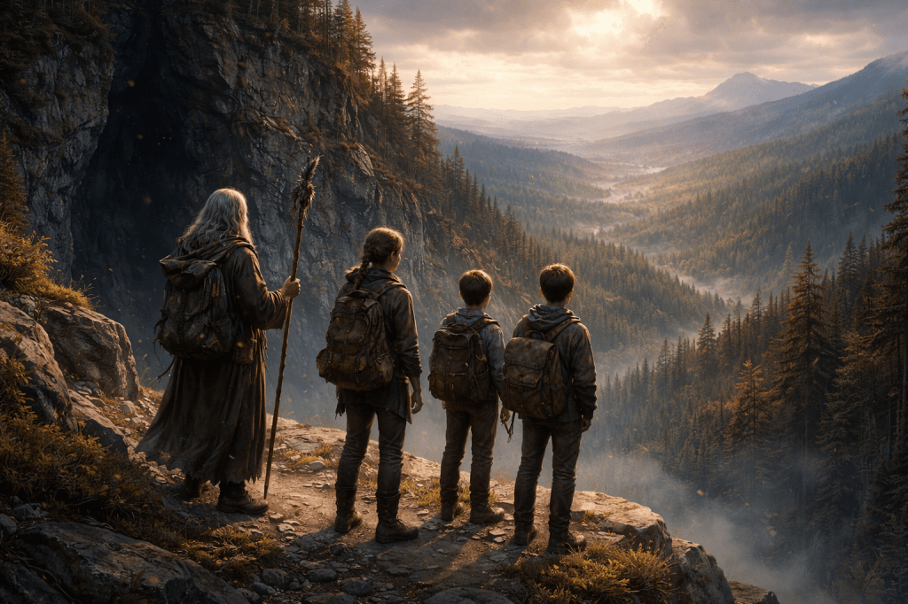 Four travellers stand on a rocky mountain ledge at the head of a vast forested valley, seen from behind, looking out over the Long Green — the ancient overgrown highway corridor that leads down toward Berbia. On the far left, Witch Woman stands tall in her long robes, silver hair loose, gripping her walking staff. Beside her stands Scar, dark hair braided back, heavy pack on her shoulders. To their right, Hank and Jake stand close together, two boys dwarfed by the scale of what lies ahead. The valley below stretches for miles into morning mist, conifer-covered ridges rising on either side, a pale river glinting far below. The sky above is dramatic — clouds breaking into golden light over distant mountains.
