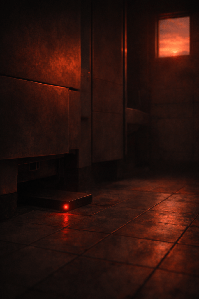 The interior of the Trigger Lake Comfort Station washroom, shortly after the Emph. The room is almost completely dark — power gone, the world outside silent. A deep red sunset is visible through a small high window, casting the only natural light across the cracked tile floor. Beneath the base of a plumbing fixture, a single small red light glows in the darkness — steady, patient, alone. It has just begun to wait. It will wait for three hundred and forty-one years.