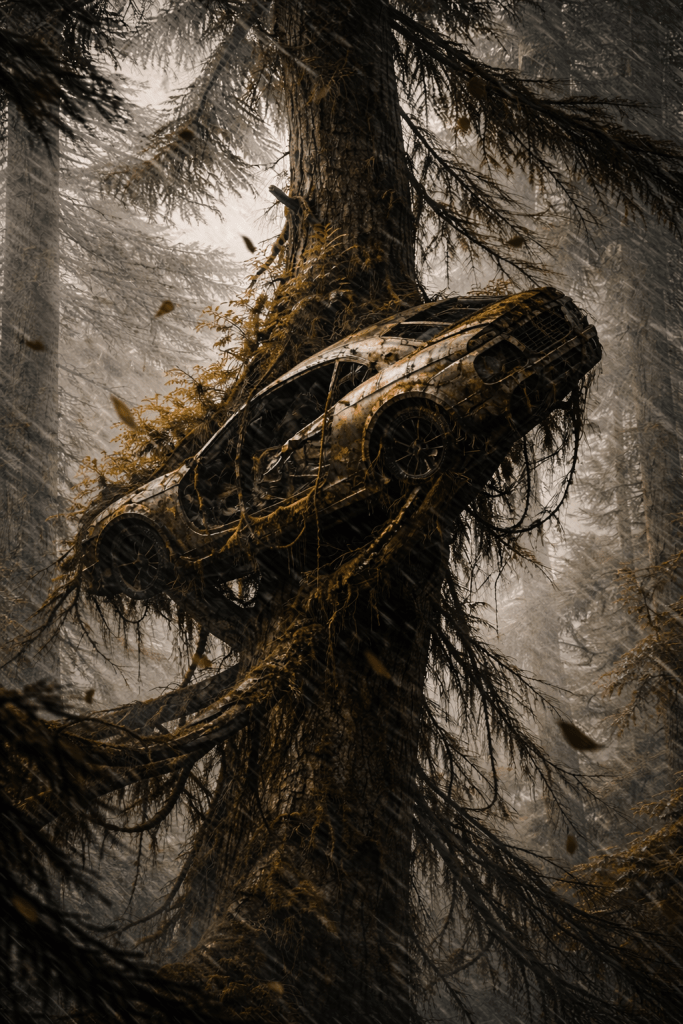 A rusted, moss-covered automobile from the Before era is held aloft in the embrace of a massive conifer, its trunk having grown up through and around the wreckage over three centuries until the car sits suspended several metres above the forest floor — preserved, almost displayed, by the tree itself. Vines and ferns trail from the chassis. The forest around it is dim and misty, light filtering through in pale shafts. The car is unrecognisable as transport. It has become something else entirely — a relic, a curiosity, a monument to stopped time.