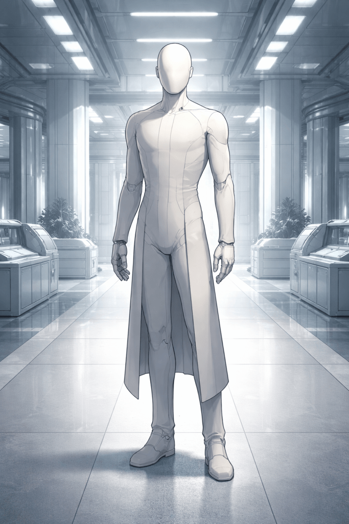 A tall, slender synthetic humanoid figure stands in a long, brightly lit institutional corridor. The figure is entirely white and featureless — no face, no hair, no expression — with a smooth, streamlined construction suggesting deliberate, elegant design rather than imitation of humanity. What appears to be a long coat is not worn but integral to the figure itself, its tails flowing as a seamless extension of the body's form, blending function and structure into a single continuous shape. Subtle seam lines trace the joints and contours. Its arms hang loosely at its sides, hands slightly open. On either side of the corridor stand rows of white equipment consoles and potted plants under bright recessed ceiling lights, giving the space a clean, clinical atmosphere.