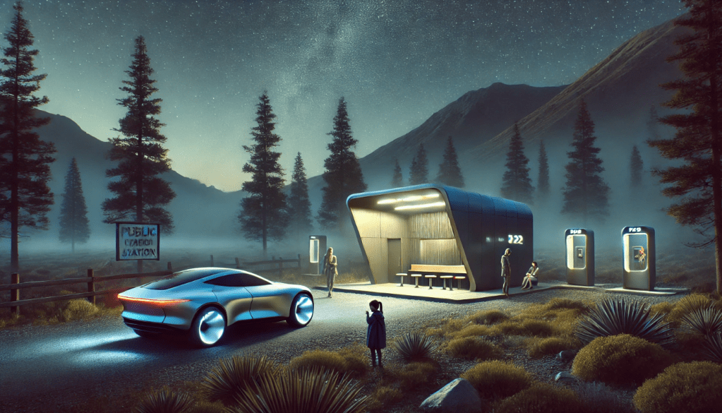 The Trigger Lake Comfort Station as it appeared in the Before — a sleek, cantilevered modern rest stop glowing warmly under a vast mountain night sky thick with stars and the faint wash of the Milky Way. A low-slung autonomous vehicle with luminous blue wheel wells is parked on the gravel. Several figures move around the lit interior and exterior of the station, including a small child standing alone in the foreground, back to us, looking toward the light. Tall conifers rise into the darkness on either side, mountain ridges silhouetted against the star field. A weathered wooden sign reads "Public Station." Interactive information kiosks flank the entrance.