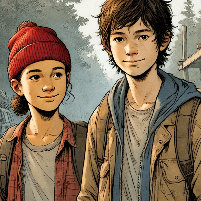 Two teenage boys stand side by side outdoors in a misty forest setting, rendered in a graphic novel illustration style. On the left, the shorter boy — Jake — wears a bright red knit beanie pulled over dark hair, a red plaid shirt layered under a worn jacket, and looks up with a warm, slightly mischievous smile. On the right, the taller boy — Hank — has loose brown hair falling across his forehead, a quiet half-smile, and wears a faded tan jacket over a grey shirt. Both look like boys who have grown up outdoors and are entirely comfortable in it. Behind them, tall conifers disappear into grey mist.