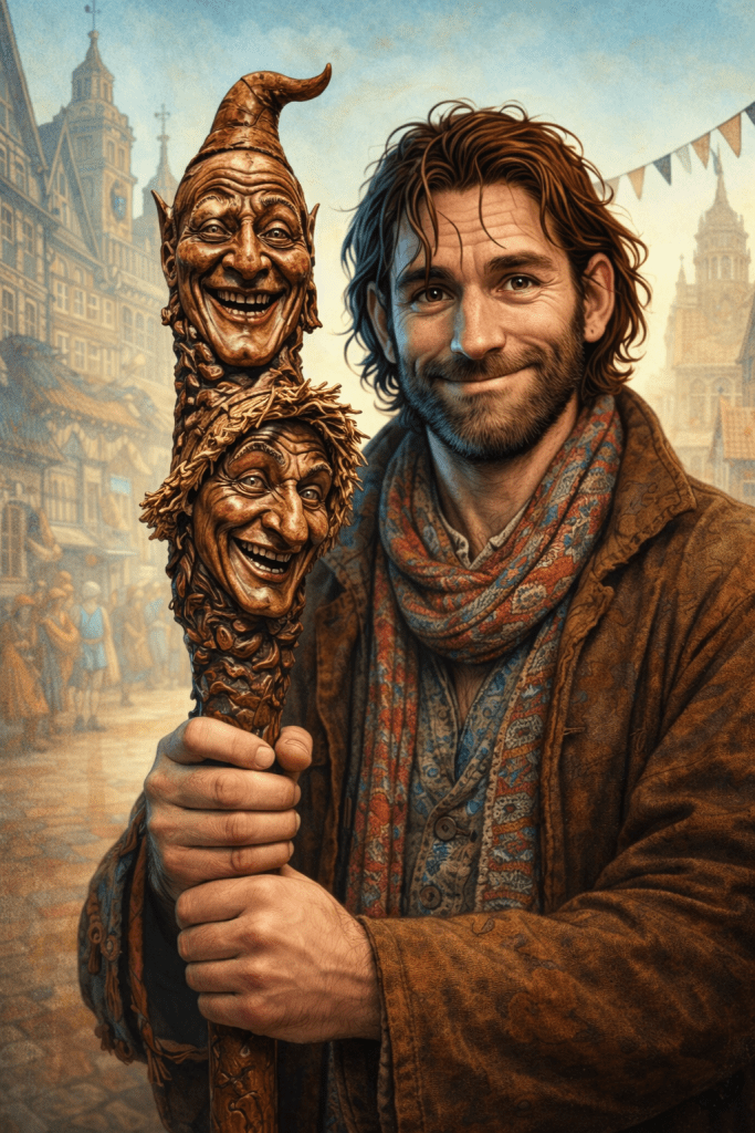 Varley, puppeteer and keeper of Punch and Judy, stands in Pratchett Square in the heart of Berbia, holding his carved wooden puppet staff upright beside his face. The staff bears two intricately carved faces — Punch at the top in his pointed jester's cap, grinning with wild exaggerated features, and Judy below him, equally expressive with a shock of carved straw hair. Varley himself is a lean man with auburn hair, a short beard, and warm brown eyes, wearing a worn brown coat layered over a richly patterned colourful scarf. He smiles with the quiet confidence of someone who knows exactly what those two are about to say. Behind him, the cobblestoned square and the medieval rooftops and towers of Berbia stretch into the haze, festive bunting strung between the old stone buildings.