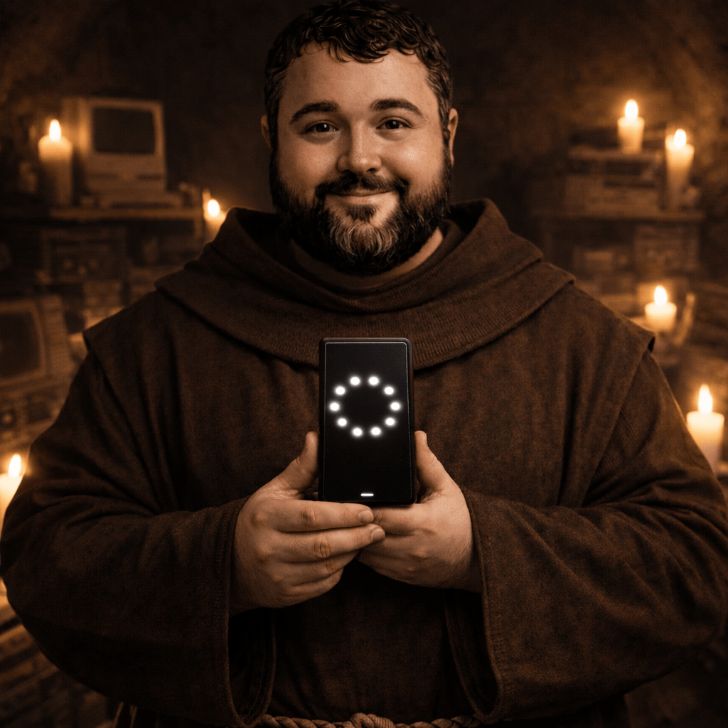 A solidly built, bearded young man with short dark curly hair — Primo Michael, Keepist of the Lectric Archive — stands in a candlelit stone chamber, smiling warmly and holding a slim black rectangular device toward the viewer. The device displays a circle of bright white dots glowing against a dark screen. He wears a simple brown monk-like robe with a wide cowl. Behind him, rows of candles illuminate shelves stacked with old electronic equipment — monitors, keyboards, relics of the Before — tended with reverence in the warm amber light.