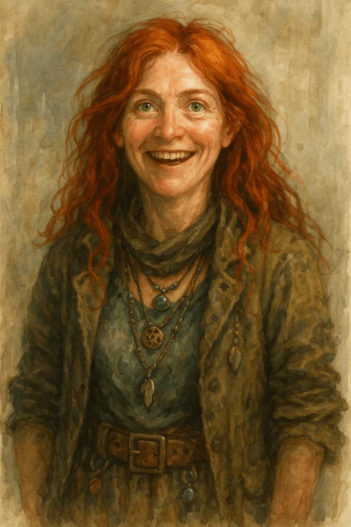 Nancii, Spectral communicator and healer of Spectralton, portrayed in a warm watercolour style. She is a woman of middle years with a wild cascade of bright copper-red curly hair framing a freckled, open face lit by a wide, unguarded smile. She wears a layered outfit of teal and olive greens, a loosely wrapped cowl scarf at her neck, and a wide leather belt at her waist. Multiple necklaces hang at her chest — cord-strung beads, a blue stone pendant, a small gear medallion, and a delicate feather charm. The background is a soft warm wash of ochre and grey, suggesting neither place nor time.