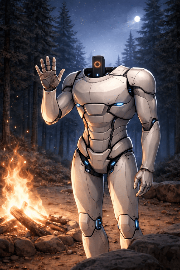 A large, heavily built humanoid robot stands in a forest clearing at night beside a crackling campfire. Its white armoured plating is segmented and muscular in form, suggesting enormous physical strength — capable of lifting and moving several tons. Blue light glows from joints at the chest, knees, and hips. Where a face would be, a compact rectangular black unit sits atop the broad shoulders, bearing a single illuminated red circular indicator. The robot's right hand is raised in an open-palmed gesture — a wave. Firelight catches the armour plating warmly against the cool blue of a moonlit night sky, tall conifers rising behind it into a star-scattered darkness.