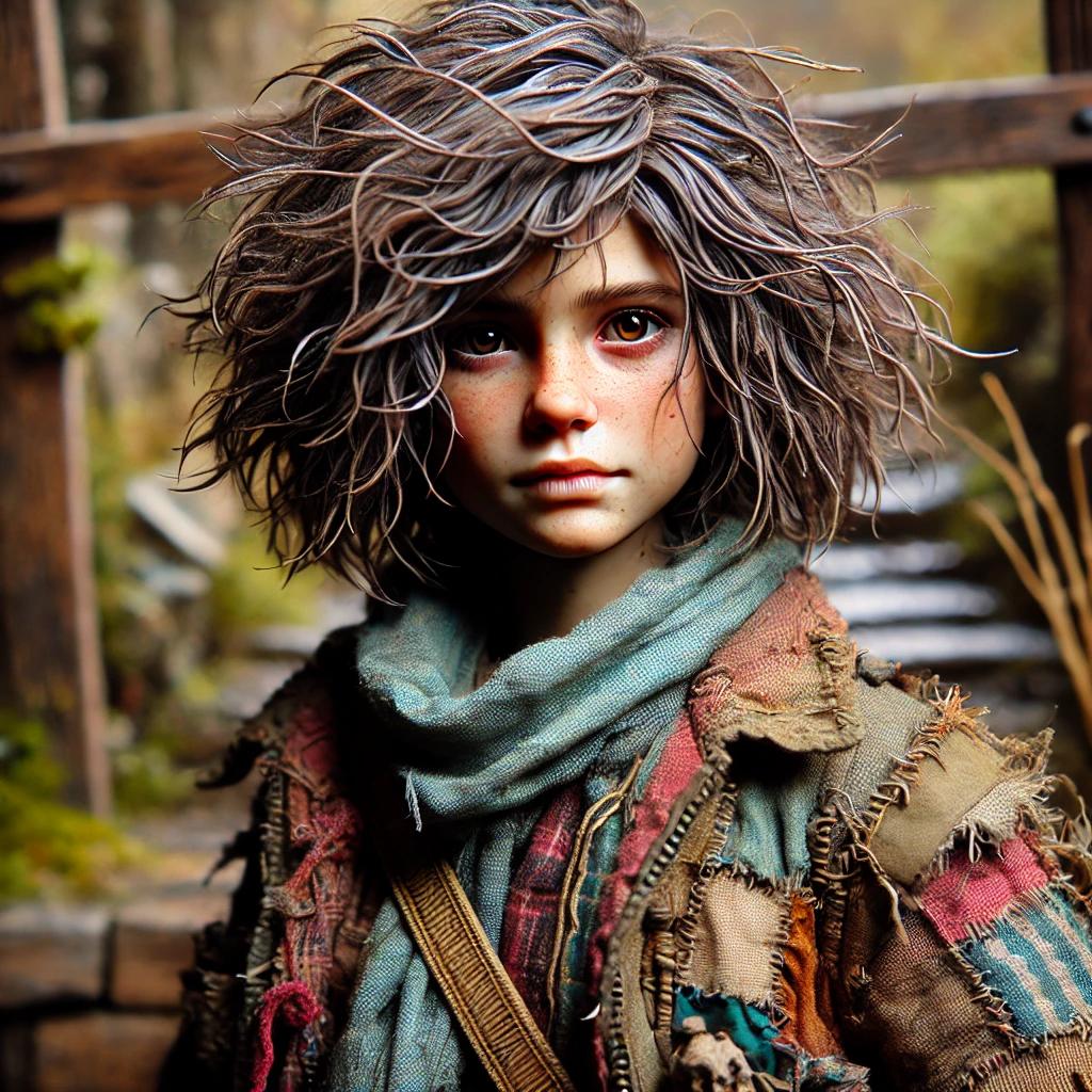 A young girl in her early teens stands before a weathered wooden structure in an outdoor setting. She has a wild mane of dark brown hair with subtle blue-grey streaks, blowing loose around her face. Her eyes are a warm amber-brown, serious and direct, set above a freckled nose and full lips pressed in quiet determination. She wears a layered patchwork coat assembled from scraps of plaid, burlap, canvas and woven fabric in earth tones of red, teal, green and brown — every piece salvaged, nothing matching. A worn strap crosses her shoulder. Behind her, rusted metal and dry grasses suggest a world long past its prime.