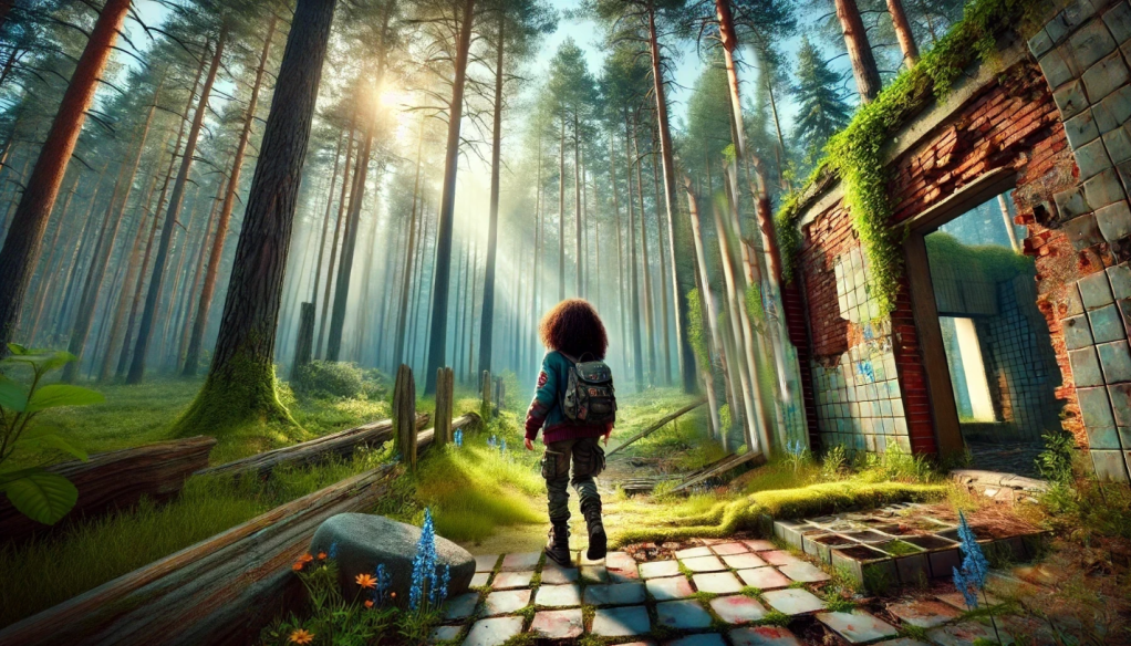 Scar, hill girl of Trigger Lake Camp, approaches the forest-reclaimed ruins of the Trigger Lake Comfort Station in dappled morning light. She is seen from behind — a small figure with a wild halo of dark curly hair, wearing a patched jacket and cargo pants, a worn backpack on her shoulders. Ahead of her, the old comfort station has been almost entirely consumed by three centuries of forest growth — its tiled floor cracked and moss-covered, its brick walls draped in thick ivy, its windows long since gone. Tall conifers rise around it into shafts of golden sunlight, wildflowers pushing up between the broken tiles. The forest has been patient. So has what is waiting inside.