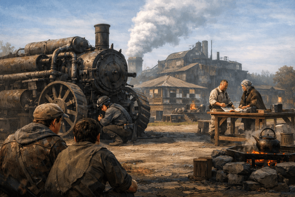 The Smiling Sun CoOp at dawn — a working steam-powered industrial settlement, its buildings weathered wood and salvaged metal, smoke rising from multiple stacks into a pale morning sky. Dominating the left of the scene is a massive, heavily built steam engine on large wooden wheels, its boiler pipes and fittings dark with age and use. Crouched beside it, working intently with tools, is Zan Li — focused entirely on the machine, oblivious to everything else. In the foreground, two boys — Hank and Jake — sit watching him with the quiet attention of people witnessing something they cannot name. To the right, two adults consult over papers at a rough wooden table beside an open fire, a kettle steaming beside them. The CoOp hums with the business of a world rebuilding itself one steam fitting at a time.