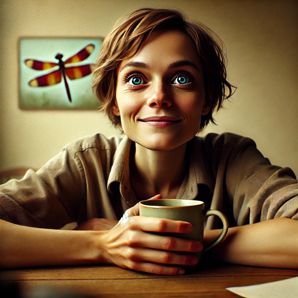 Tina the Healer sits at a worn wooden table in her healing hut in Berbia, hands wrapped around a handmade ceramic mug of tea, looking upward with a wide, slightly mischievous smile and startlingly vivid blue eyes. She is a lean woman with short tousled brown hair and an easy, unhurried manner, wearing a simple tan linen shirt. Behind her on the wall hangs a small painted image of a dragonfly in warm reds and golds against a pale teal background — the only decoration visible in the room. Papers rest on the table beside her.