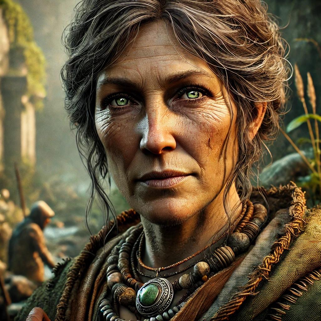 A weathered woman of middle to elder years gazes directly at the viewer with calm, penetrating green eyes. Her dark hair, heavily streaked with grey, is loosely gathered back with strands escaping around her face. Her skin is deeply lined, sun-darkened, and marked with the quiet authority of a life lived entirely outdoors. Around her neck she wears multiple strands of hand-knotted cord hung with smooth stones and beads, and a single worn silver pendant bearing a green stone. Her collar is rough-fringed natural fibre. Behind her, soft jungle-like vegetation and the suggestion of ruins are visible in the mist, with the blurred figures of others nearby.